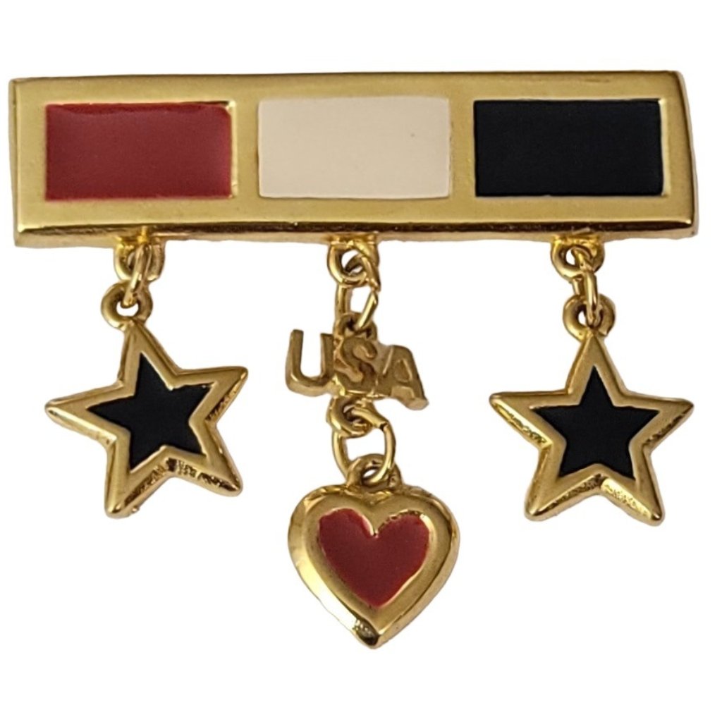 Lia Gold Tone Red White Enamel Star Heart Charm Dangle Bar Pin, Signed